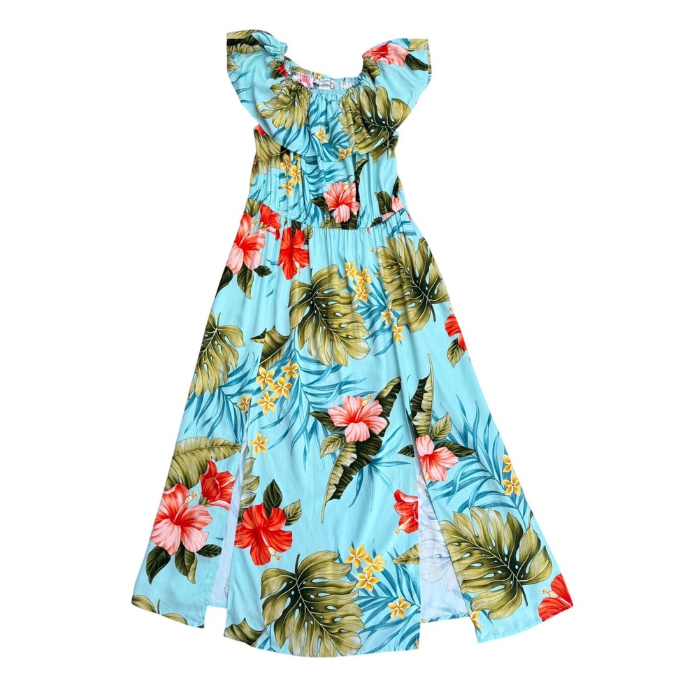 Vintage Hawaiian Maxi Dress Large Aqua Floral Tropical Slit Rayon resort wear